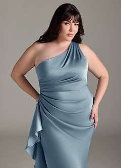 Azazie Latrice Bridesmaid Dresses Dusty Blue Sheath One Shoulder Cascading Ruffles Stretch Satin Dress image10