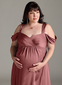 Azazie Rhea Maternity Bridesmaid Dresses A-Line Off-The-Shouler Pleated Stretch Satin Floor-Length Dress image12