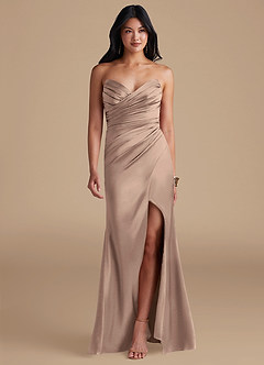 Azazie Yola Bridesmaid Dresses Taupe Sheath Pleated Metallic Satin Dress image1