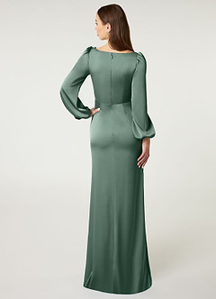 Azazie Mel Bridesmaid Dresses Eucalyptus Sheath Long Sleeve Stretch Satin Dress image2