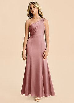 Azazie Ren Junior Robe Trapèze en Satin extensible Plissé Rose Poussiéreuse image5
