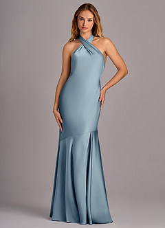 Azazie Lorena Bridesmaid Dresses Dusty Blue Mermaid Pleated Stretch Satin Dress image4