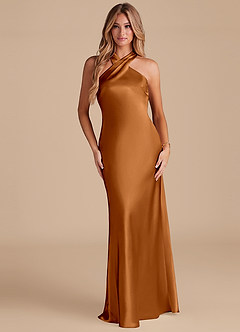 Azazie Doretta Bridesmaid Dresses Copper Mermaid Bow Metallic Satin Dress image1