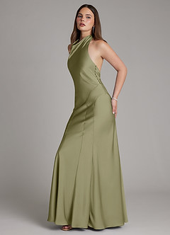 Azazie Sahara Final Sale Agave A-Line Pleated Stretch Satin Dress image3