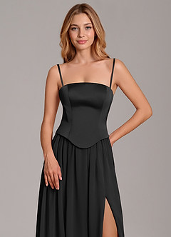 Azazie Cadence Bridesmaid Dresses Black A-Line Corset Stretch Satin Convertible Dress image2