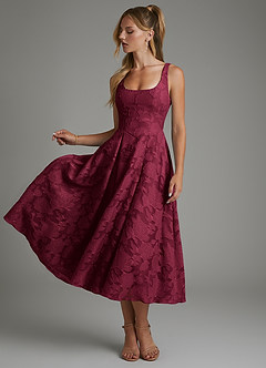 Azazie Isabella Bridesmaid Dresses Burgundy A-Line Corset Floral Burnout Dress image3