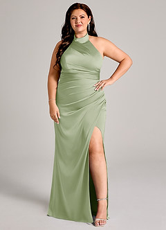 Azazie Jemma Jurken voor bruidsmeisjes Jurk van Stretch Satijn met Kolom Geplooid Stoffige Salie image10