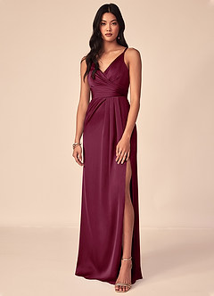 Azazie Aqua Bridesmaid Dresses Mulberry A-Line V-Neck Pleated Stretch Satin Dress image1