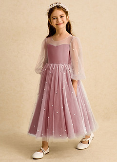 Azazie Trudy vestidos de niña de las flores Vestido de Rosa Antigua de Tul de Corte Princesa con Escote de Corazón image4