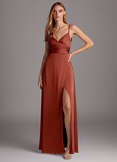 Azazie Calissa Final Sale Terracotta A-Line V-Neck Pleated Stretch Satin Dress image1
