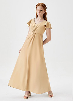 Azazie Soren Junior Vestido de Oro de Satén Elástico de Corte En A con Volante image5