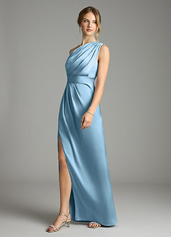 Azazie Emorie Final Sale Steel Blue Sheath One Shoulder Stretch Satin Dress image3
