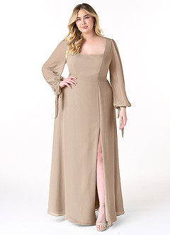 Azazie Leonia Bridesmaid Dresses Taupe A-Line Long Sleeve Chiffon Dress image8