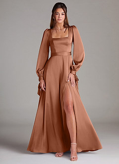 Azazie Leonia Bridesmaid Dresses Bronzer A-Line Long Sleeve Stretch Satin Dress image1