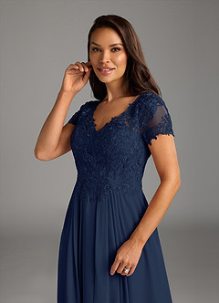 Azazie Dunja Mother of the Bride Dresses Dark Navy A-Line V-Neck Lace Chiffon Dress image11