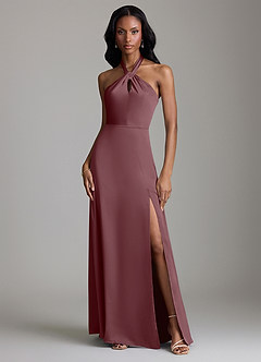 Azazie Tracie Bridesmaid Dresses Sangria A-Line Side Slit Stretch Satin Dress image1