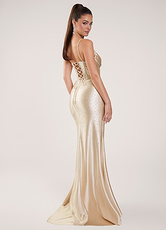 Nogolla Champagne Beading Rhinestone Stretch Satin Prom Dress image2