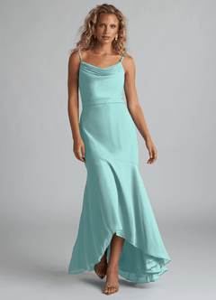 Azazie Summer Bridesmaid Dresses Aqua Mermaid Scoop Cowl Chiffon Dress image4