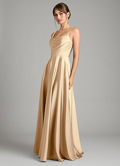 Azazie Shaude Bridesmaid Dresses Champagne A-Line Pleated Stretch Satin Dress image5