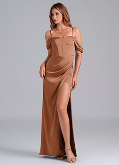 Azazie Asha Jurken voor bruidsmeisjes Converteerbaar Jurk van Stretch Satijn met Kolom Off the Shoulder Bronzeertint image6