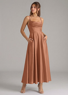 Azazie Shaude Bridesmaid Dresses Bronzer A-Line Pleated Stretch Satin Dress image3