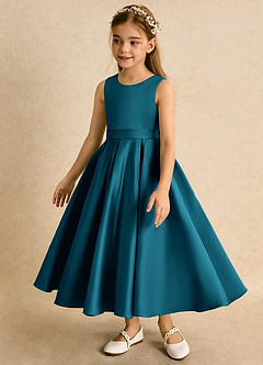 Azazie Junebuj Flower Girl Dresses Ink Blue Ball-Gown Pleated Matte Satin Dress image3