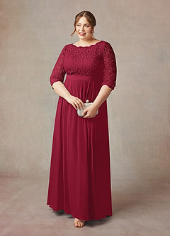 Azazie Lucianna At-home Try On Dresses Burgundy A-Line Lace Dress image9