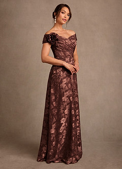 Azazie Bernadette Vestidos para mãe da noiva Vestido Café Expresso de Esgotamento Floral de Linha A com Ombros Caídos image2