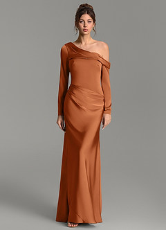 Azazie Sandra Bridesmaid Dresses Copper Mermaid Long Sleeve Stretch Satin Dress image1