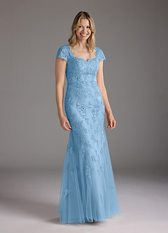 Azazie Marbella vestidos de madre de la novia Vestido de Azul Acero de Encaje de Corte Sirena con Reina Ana Lentejuelas image4