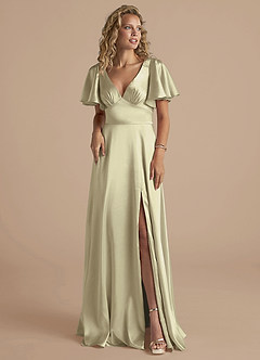 Azazie Kimber Bridesmaid Dresses Moss Green A-Line Ruched Metallic Satin Dress image5