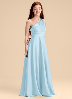 Azazie Charlize Junior Vestido de Azul Cielo de Satén Elástico de Corte en A con Plisado image3