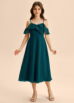 Azazie Kamilla Junior Abito A-Line in Chiffon a Spalla Scoperta Pino image6