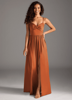 Azazie Zeya Bridesmaid Dresses Cinnamon A-Line Pleated Stretch Satin Dress image8