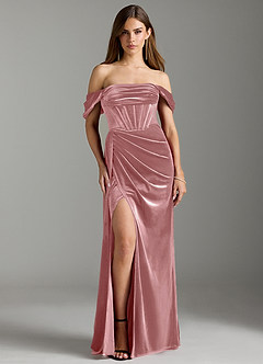 Azazie Amyra Vestidos de damas de honor Vestido de Rosa Polvorienta de terciopelo de Corte Recto Convertible con Vestidos sin tirantes image5