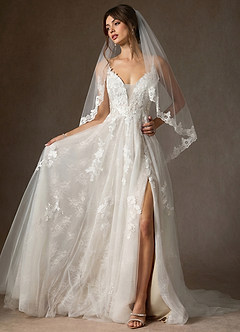 front Cora Eileen Lace Floral Applique Fingertip Veil