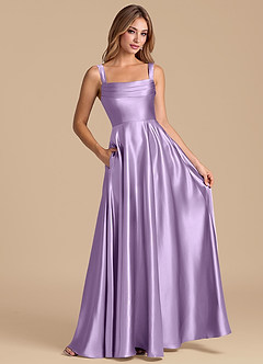 Azazie Shaude 신부 들러리 드레스 A라인 주름진 메탈릭 새틴 바닥 길이 드레스 image3