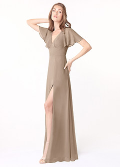 Azazie Kimber Bridesmaid Dresses Taupe A-Line Flounce Sleeve Chiffon Dress image6
