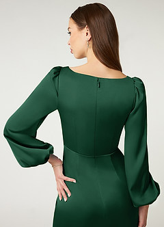Azazie Mel Jurken voor bruidsmeisjes Jurk van Stretch Satijn met Kolom Lange mouw Donkergroen image6