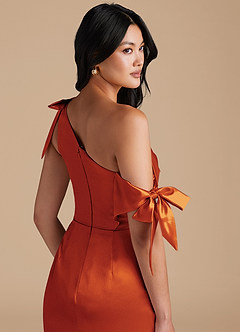 Azazie Xyla Bridesmaid Dresses Paprika Sheath Off the Shoulder Metallic Satin Convertible Dress image3