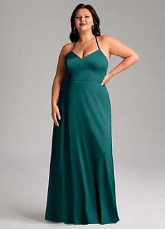 Azazie Mei Bridesmaid Dresses Peacock A-Line V-Neck Stretch Satin Dress image7