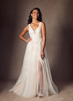 Azazie Jasmina Wedding Dresses Diamond White Champagne A-Line Sequins Tulle Dress image4