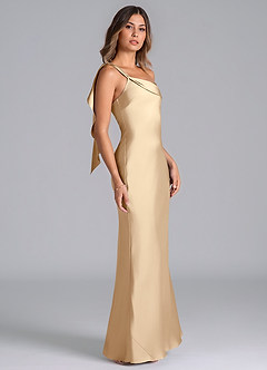 Azazie Driea Bridesmaid Dresses Champagne Mermaid One Shoulder Stretch Satin Dress image4
