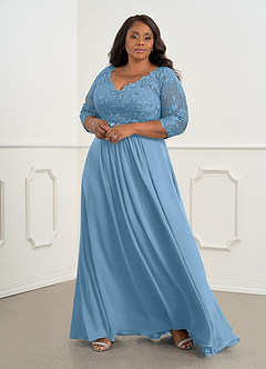 Azazie Hayek vestidos de madre de la novia Vestido de Azul Acero de Gasa de Corte En A con Cuello en V de encaje image6