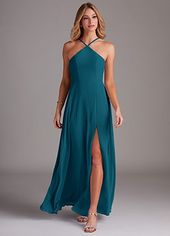 Azazie Bailey Brautjungfernkleider A-Linie Halter Seitenschlitz Chiffon Kleid Tintenblau image4