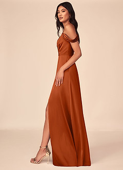 Azazie Ocean Brautjungfernkleider A-Linie V-Hals Gefaltet Stretch-Satin Kleid Gebranntes Orange image3