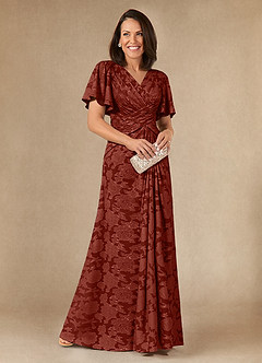 Azazie Emmeline Mother of the Bride Dresses Terracotta A-Line Pleated Floral Burnout Dress image1