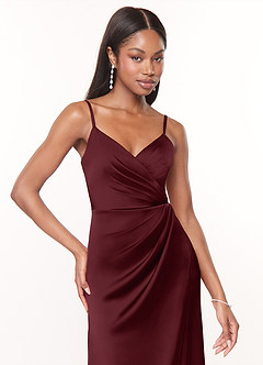 Azazie Maci Brautjungfernkleider A-Linie V-Hals Gefaltet Stretch-Satin Kleid Cabernetrot image5