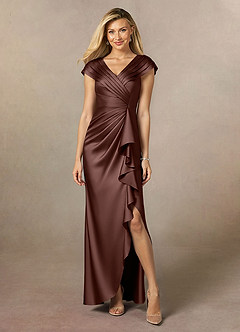 Azazie Anderson Mother of the Bride Dresses Espresso A-Line Pleated Stretch Satin Dress image1