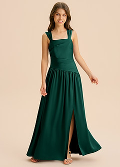 Azazie Dotty Junior Emerald A-Line Pleated Stretch Satin Dress image6